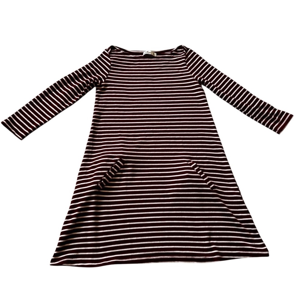Hollister Woman's Burgundy White Stripe Long Sleeve A-Line Dress Pockets Size M